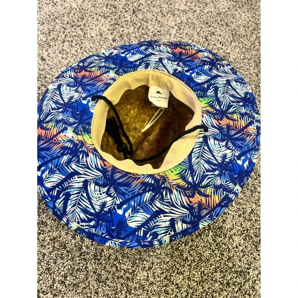 Tommy Bahama Kids Boys Straw Sun Hat Blue Tropical Palm Leaf 4-7 Years Wide Brim